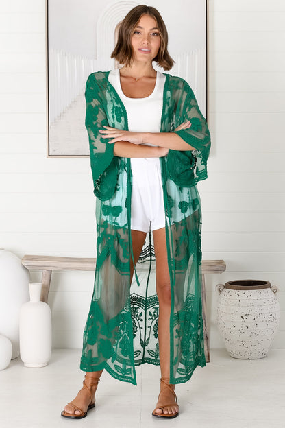 Haylo Kimono - Floral Lace Kimono with Scallop Hemline in Emerald