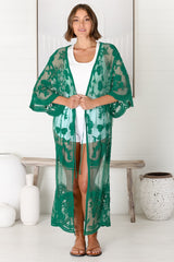 Haylo Kimono - Floral Lace Kimono with Scallop Hemline in Emerald