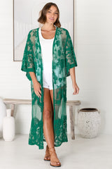 Haylo Kimono - Floral Lace Kimono with Scallop Hemline in Emerald