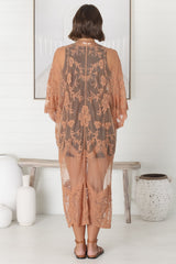 Haylo Kimono - Floral Lace Kimono with Scallop Hemline in Tan