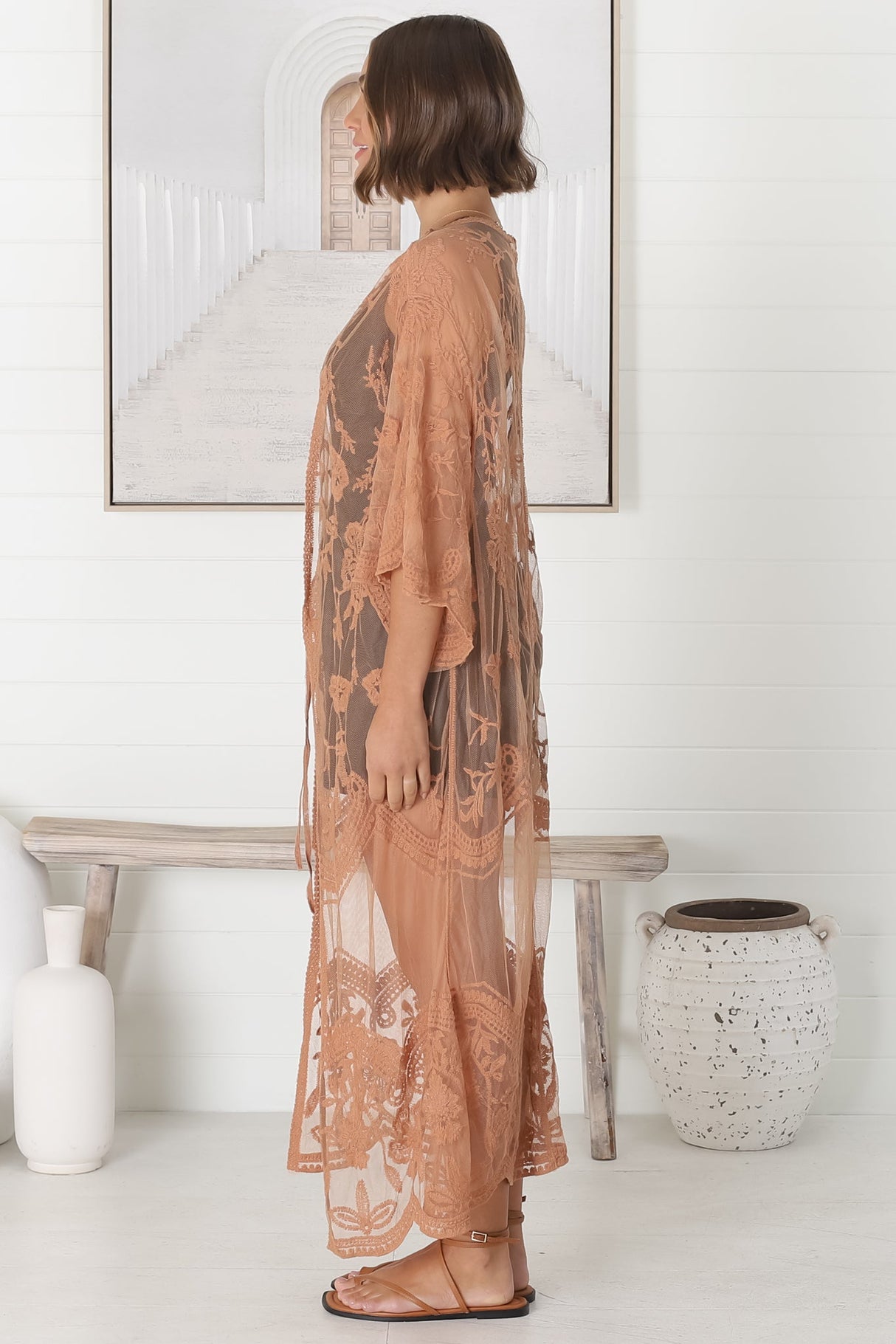 Haylo Kimono - Floral Lace Kimono with Scallop Hemline in Tan