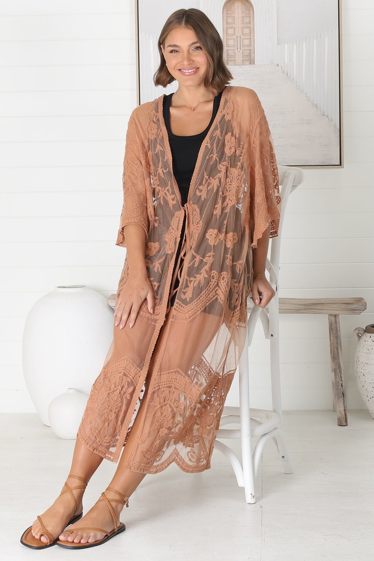 Haylo Kimono - Floral Lace Kimono with Scallop Hemline in Tan