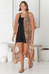 Haylo Kimono - Floral Lace Kimono with Scallop Hemline in Tan