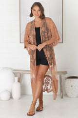 Haylo Kimono - Floral Lace Kimono with Scallop Hemline in Tan