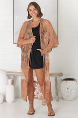 Haylo Kimono - Floral Lace Kimono with Scallop Hemline in Tan