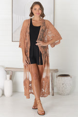 Haylo Kimono - Floral Lace Kimono with Scallop Hemline in Tan