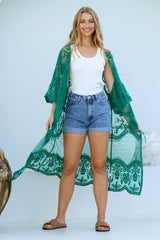 Haylo Kimono - Floral Lace Kimono with Scallop Hemline in Emerald