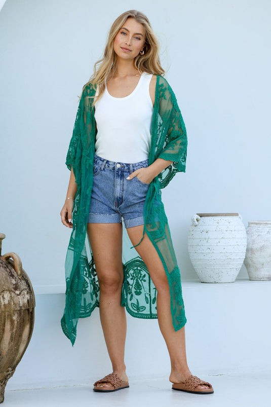 Haylo Kimono - Floral Lace Kimono with Scallop Hemline in Emerald