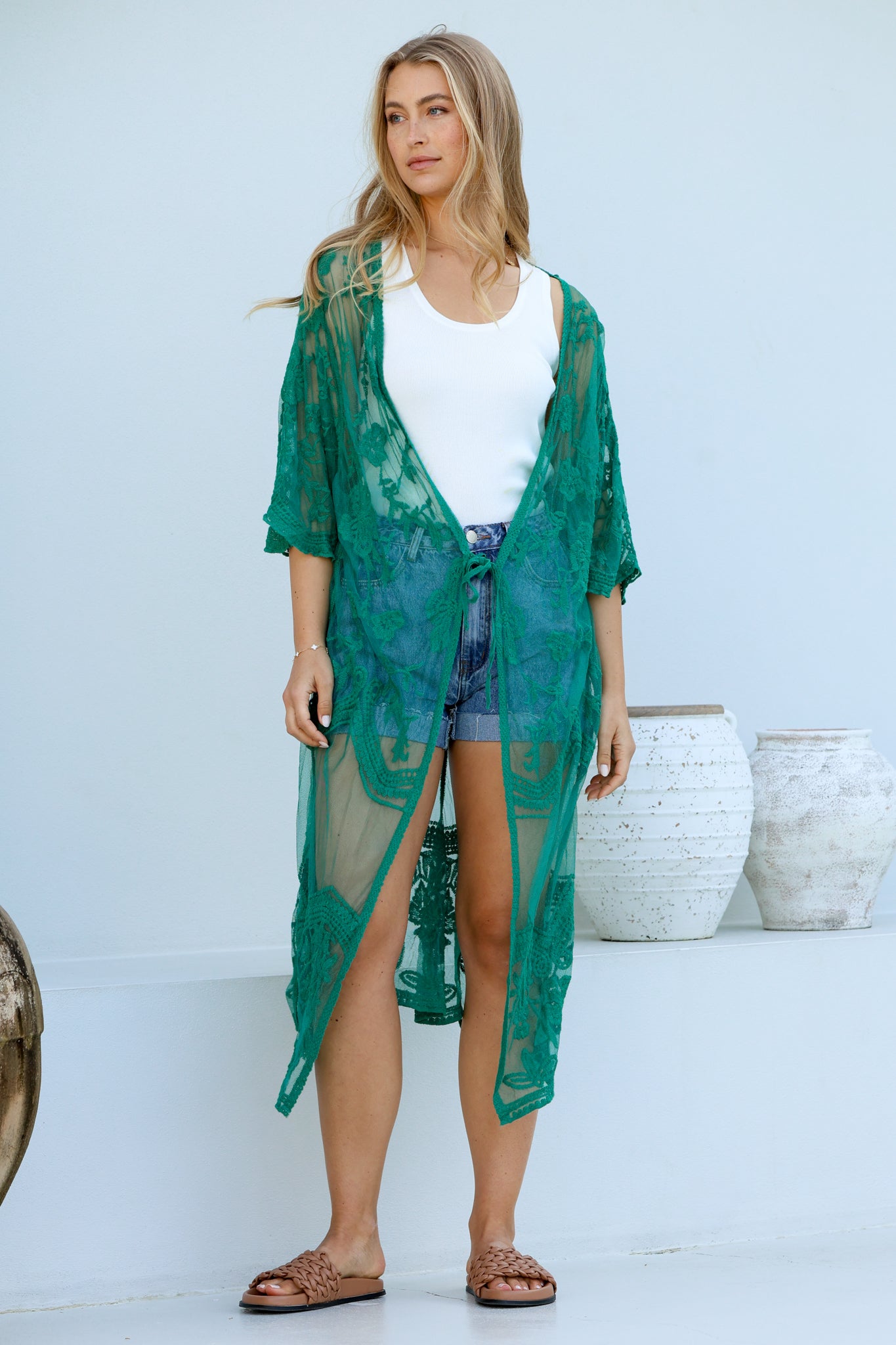 Haylo Kimono - Floral Lace Kimono with Scallop Hemline in Emerald