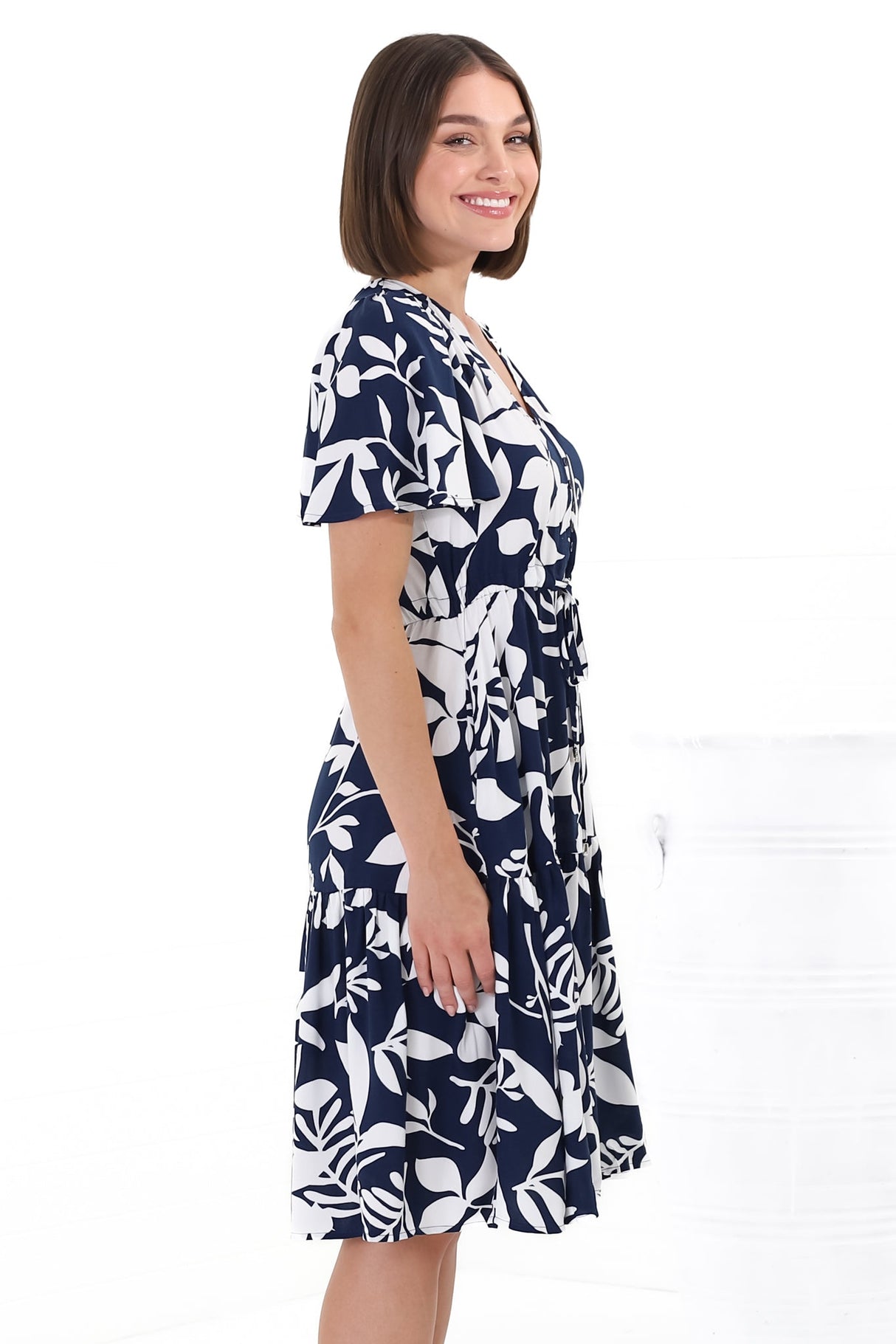 Hazel Mini Dress - Buttoned Bodie A Line Dress With Flute Sleeves In Anvi Print