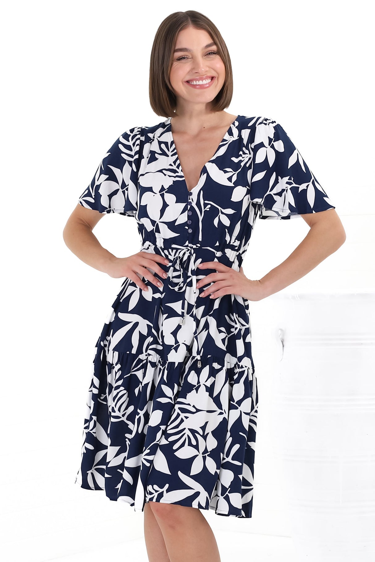 Hazel Mini Dress - Buttoned Bodie A Line Dress With Flute Sleeves In Anvi Print