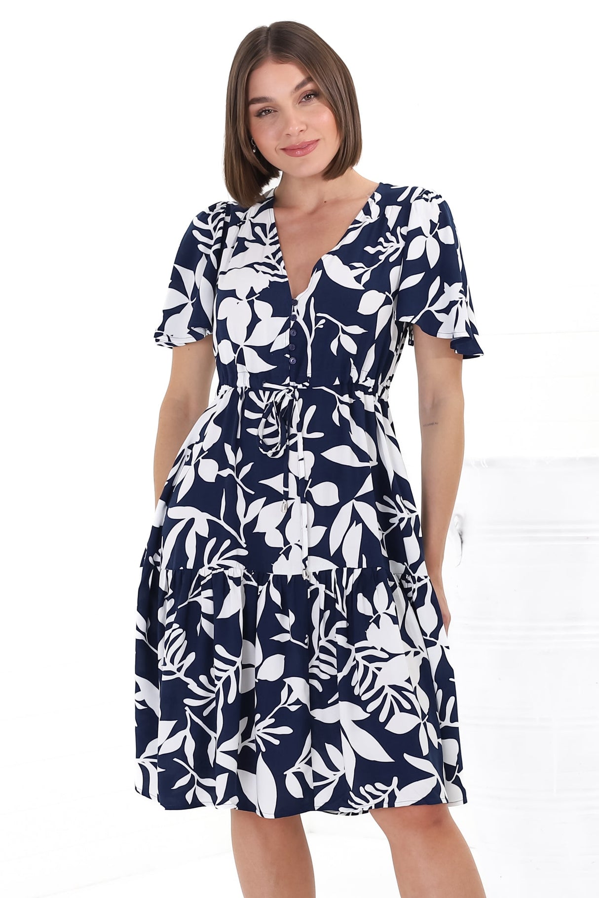 Hazel Mini Dress - Buttoned Bodie A Line Dress With Flute Sleeves In Anvi Print