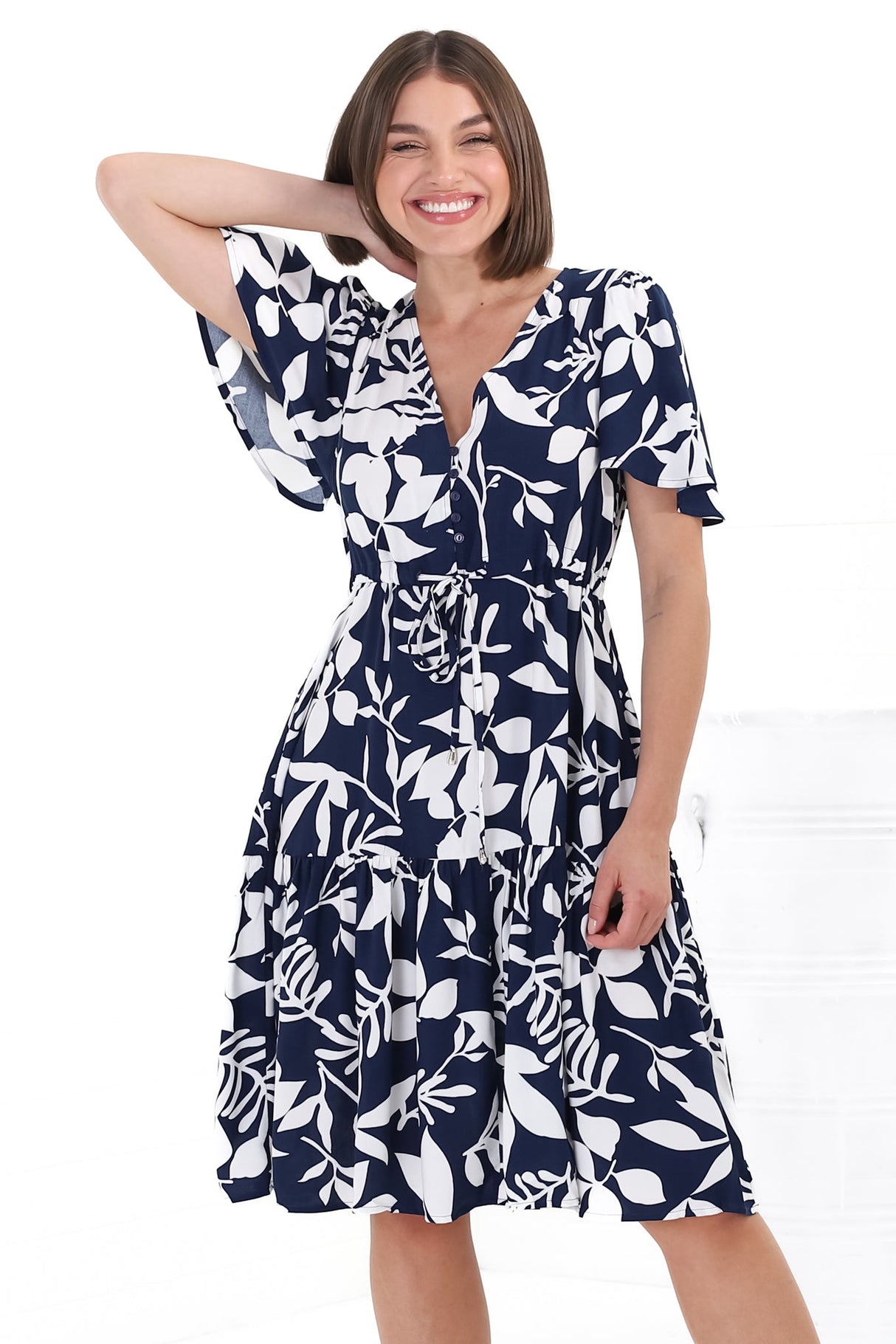 Hazel Mini Dress - Buttoned Bodie A Line Dress With Flute Sleeves In Anvi Print