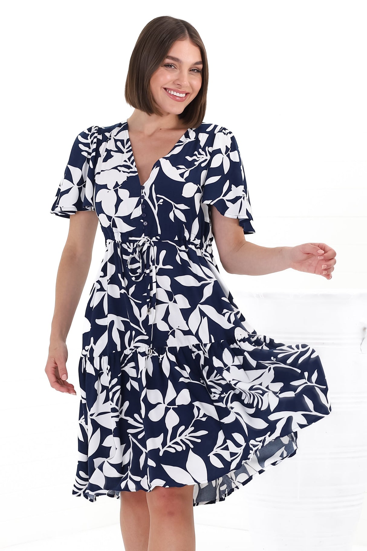 Hazel Mini Dress - Buttoned Bodie A Line Dress With Flute Sleeves In Anvi Print