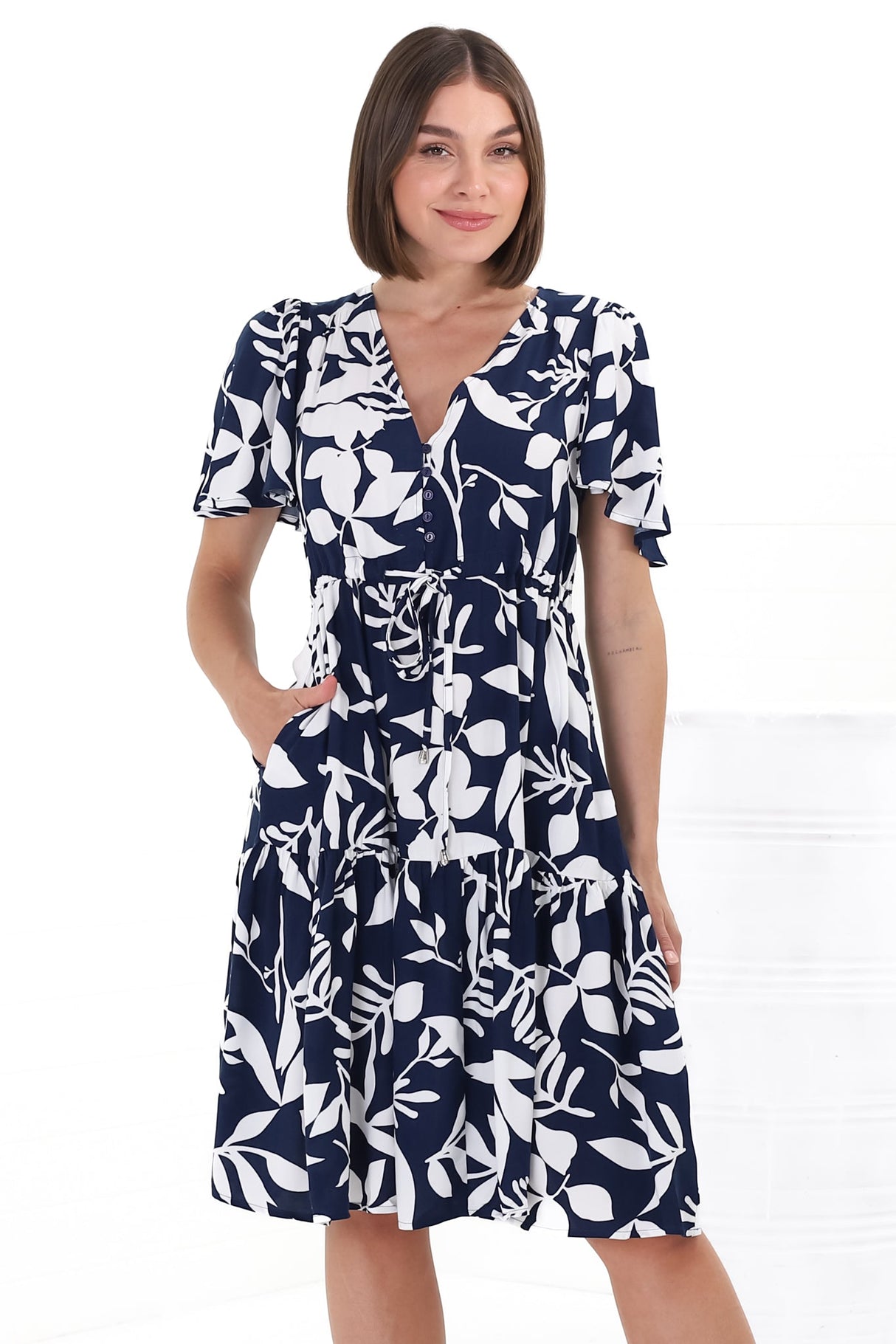 Hazel Mini Dress - Buttoned Bodie A Line Dress With Flute Sleeves In Anvi Print