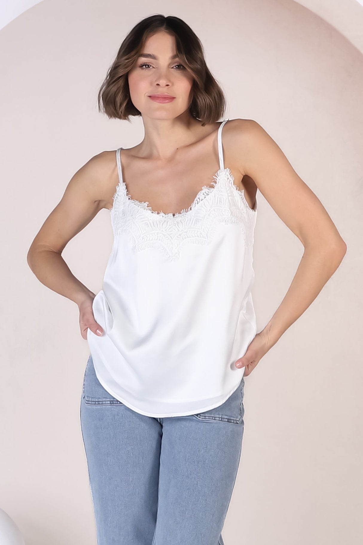 Hazel Top - Lace V Neckline Camisole with Adjustable Straps in White