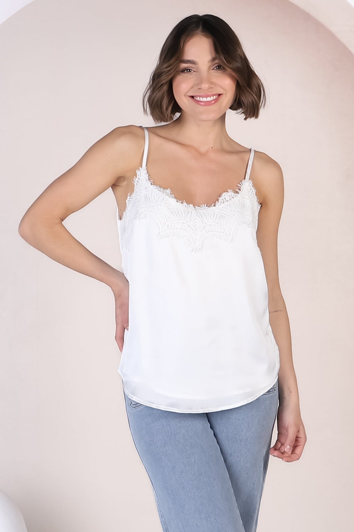 Hazel Top - Lace V Neckline Camisole with Adjustable Straps in White