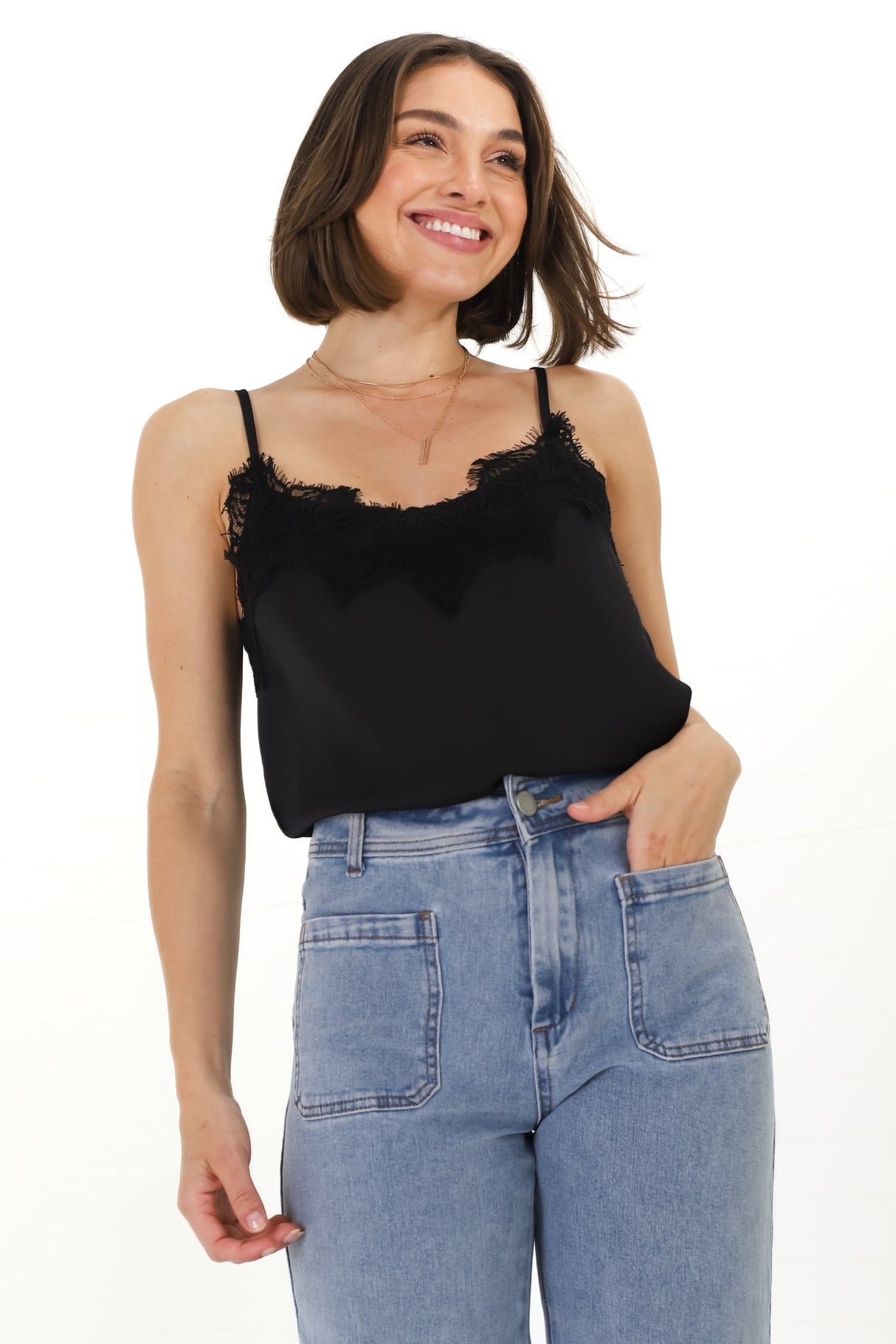 Hazel Top - Lace V Neckline Camisole with Adjustable Straps in Black