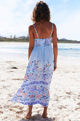 JAASE - Heidi Midi Dress: Tiered Sun Dress with Crochet Splicing in Heaven Print