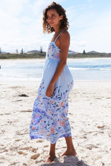 JAASE - Heidi Midi Dress: Tiered Sun Dress with Crochet Splicing in Heaven Print