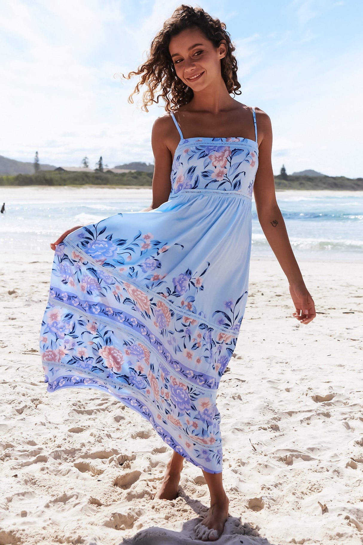 JAASE - Heidi Midi Dress: Tiered Sun Dress with Crochet Splicing in Heaven Print