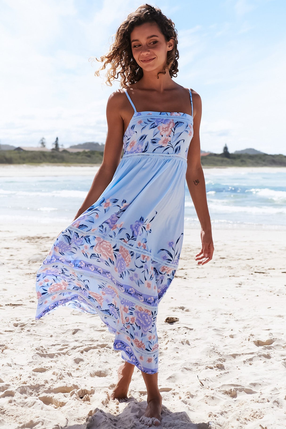 JAASE - Heidi Midi Dress: Tiered Sun Dress with Crochet Splicing in Heaven Print