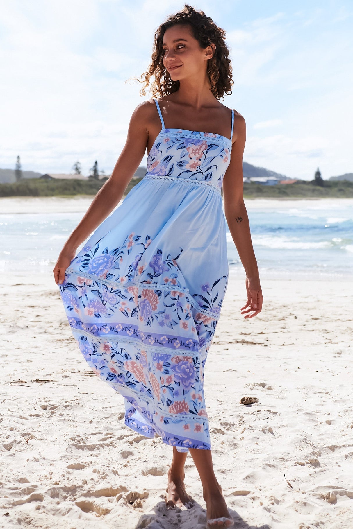JAASE - Heidi Midi Dress: Tiered Sun Dress with Crochet Splicing in Heaven Print