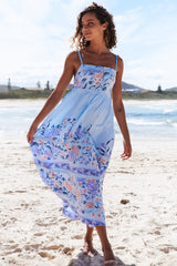 JAASE - Heidi Midi Dress: Tiered Sun Dress with Crochet Splicing in Heaven Print