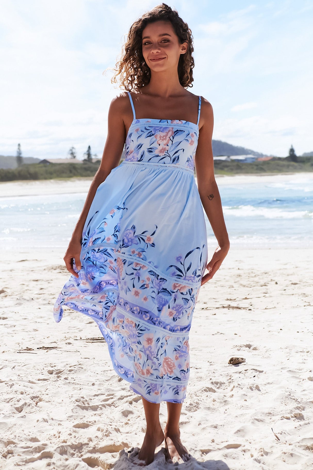 JAASE - Heidi Midi Dress: Tiered Sun Dress with Crochet Splicing in Heaven Print