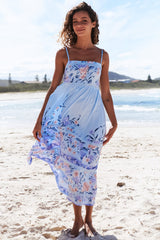 JAASE - Heidi Midi Dress: Tiered Sun Dress with Crochet Splicing in Heaven Print