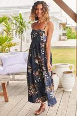 JAASE - Heidi Midi Dress: Tiered Sun Dress with Crochet Splicing in Indigo Print