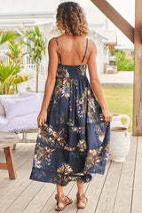 JAASE - Heidi Midi Dress: Tiered Sun Dress with Crochet Splicing in Indigo Print