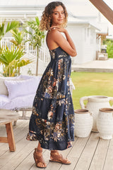 Heidi Midi Dress - Tiered Sun Dress with Crochet Splicing in Indigo Print