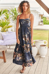 JAASE - Heidi Midi Dress: Tiered Sun Dress with Crochet Splicing in Indigo Print