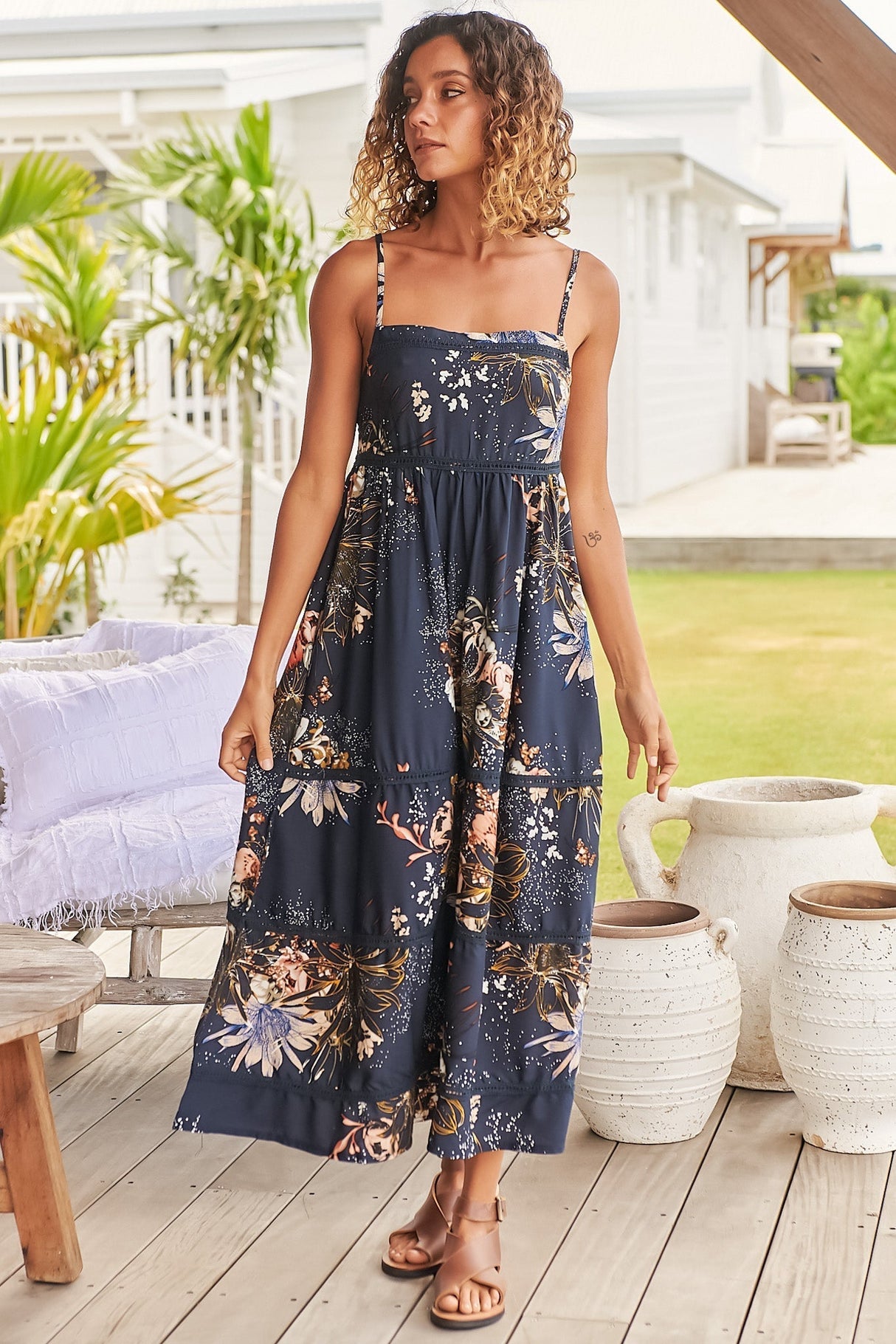 JAASE - Heidi Midi Dress: Tiered Sun Dress with Crochet Splicing in Indigo Print