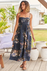 Heidi Midi Dress - Tiered Sun Dress with Crochet Splicing in Indigo Print