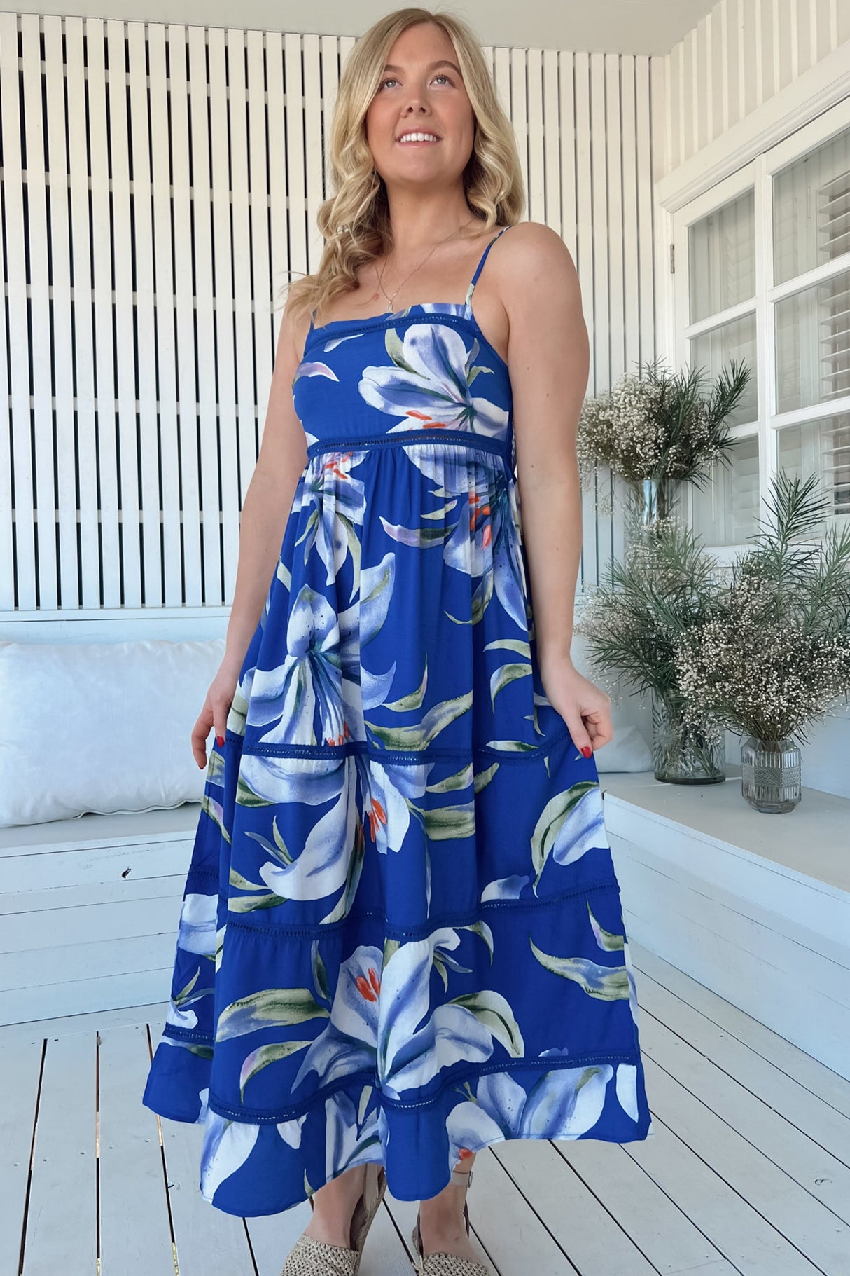 JAASE - Heidi Midi Dress: Tiered Sun Dress with Crochet Splicing in Asteria Print