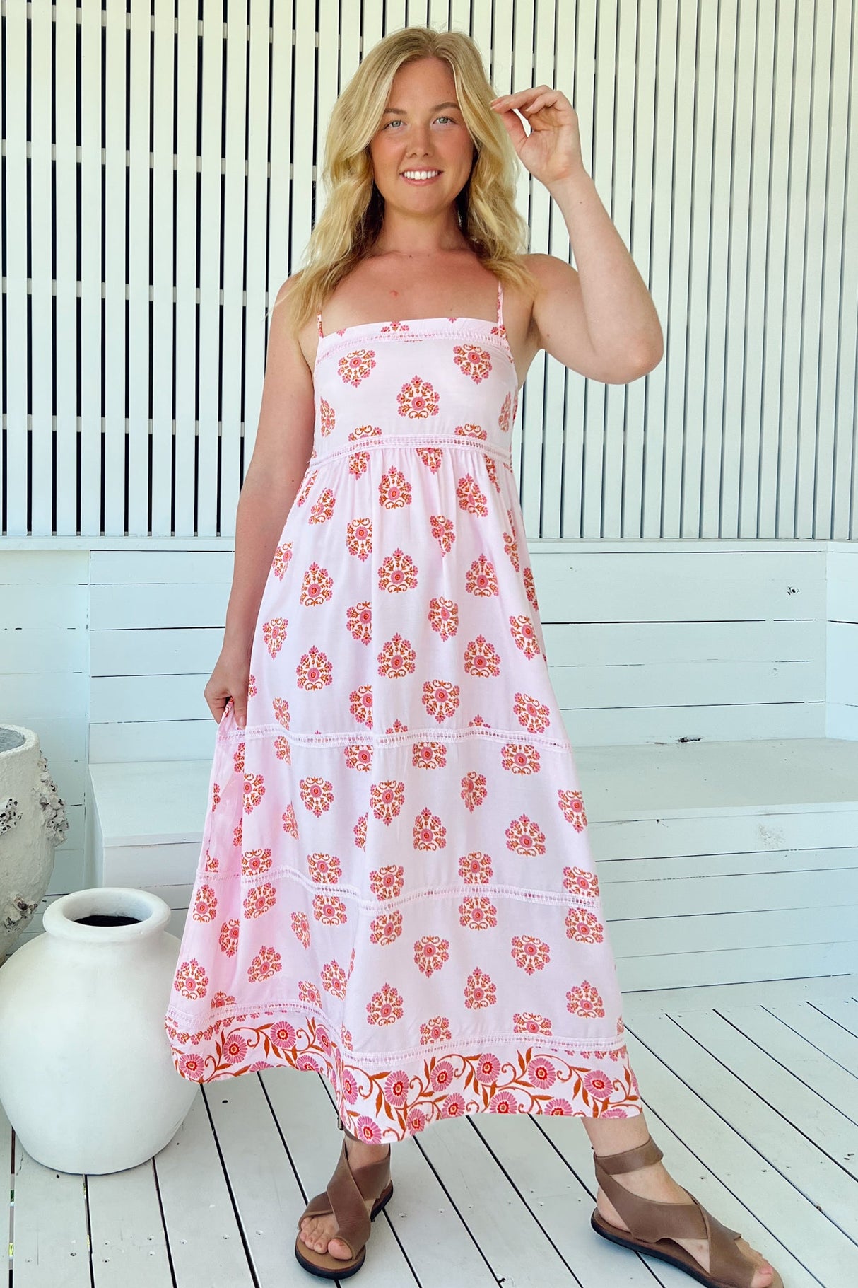 JAASE - Heidi Midi Dress: Tiered Sun Dress with Crochet Splicing in Desert Wildflowers Print