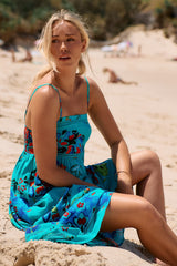 JAASE - Heidi Midi Dress: Tiered Sun Dress with Crochet Splicing in Isla Mare Print