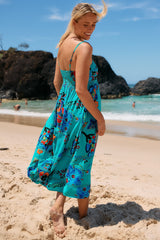 JAASE - Heidi Midi Dress: Tiered Sun Dress with Crochet Splicing in Isla Mare Print