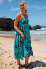 JAASE - Heidi Midi Dress: Tiered Sun Dress with Crochet Splicing in Isla Mare Print