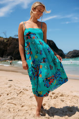 JAASE - Heidi Midi Dress: Tiered Sun Dress with Crochet Splicing in Isla Mare Print
