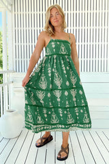 JAASE - Heidi Midi Dress: Tiered Sun Dress with Crochet Splicing in Kiva Print