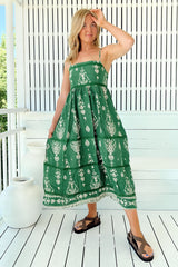 Heidi Midi Dress - Tiered Sun Dress with Crochet Splicing in Kiva Print