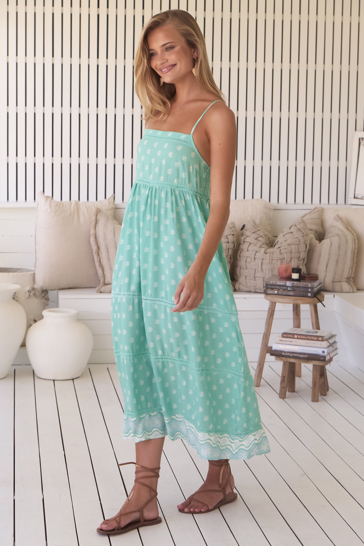 JAASE - Heidi Midi Dress: Tiered Sun Dress with Crochet Splicing in Sea Foam Print