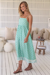 Heidi Midi Dress - Tiered Sun Dress with Crochet Splicing in Sea Foam Print