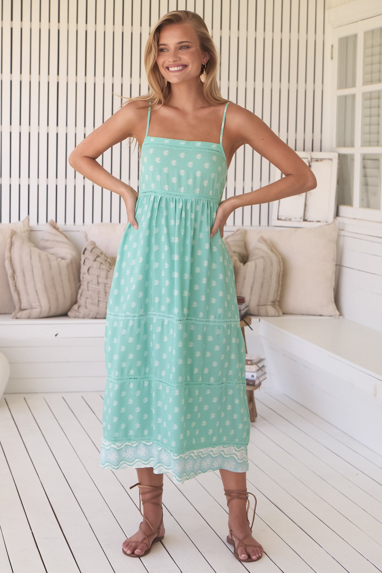 Heidi Midi Dress - Tiered Sun Dress with Crochet Splicing in Sea Foam Print