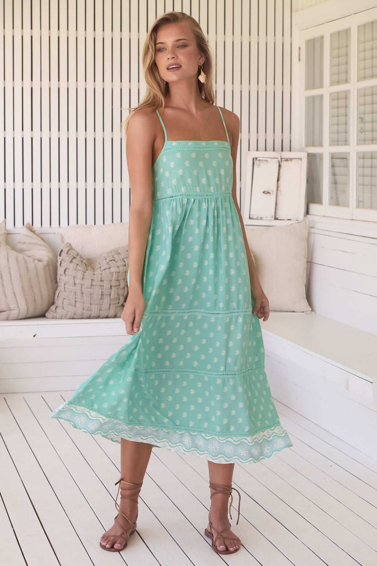 Heidi Midi Dress - Tiered Sun Dress with Crochet Splicing in Sea Foam Print