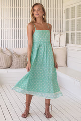 JAASE - Heidi Midi Dress: Tiered Sun Dress with Crochet Splicing in Sea Foam Print