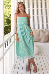 JAASE - Heidi Midi Dress: Tiered Sun Dress with Crochet Splicing in Sea Foam Print